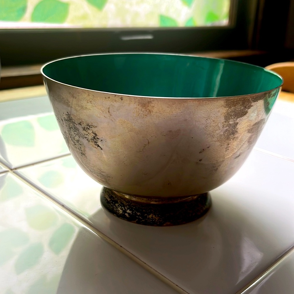 TOWLE Sterling Silver Mint Green Enamel Mid Century Medium Bowl #47